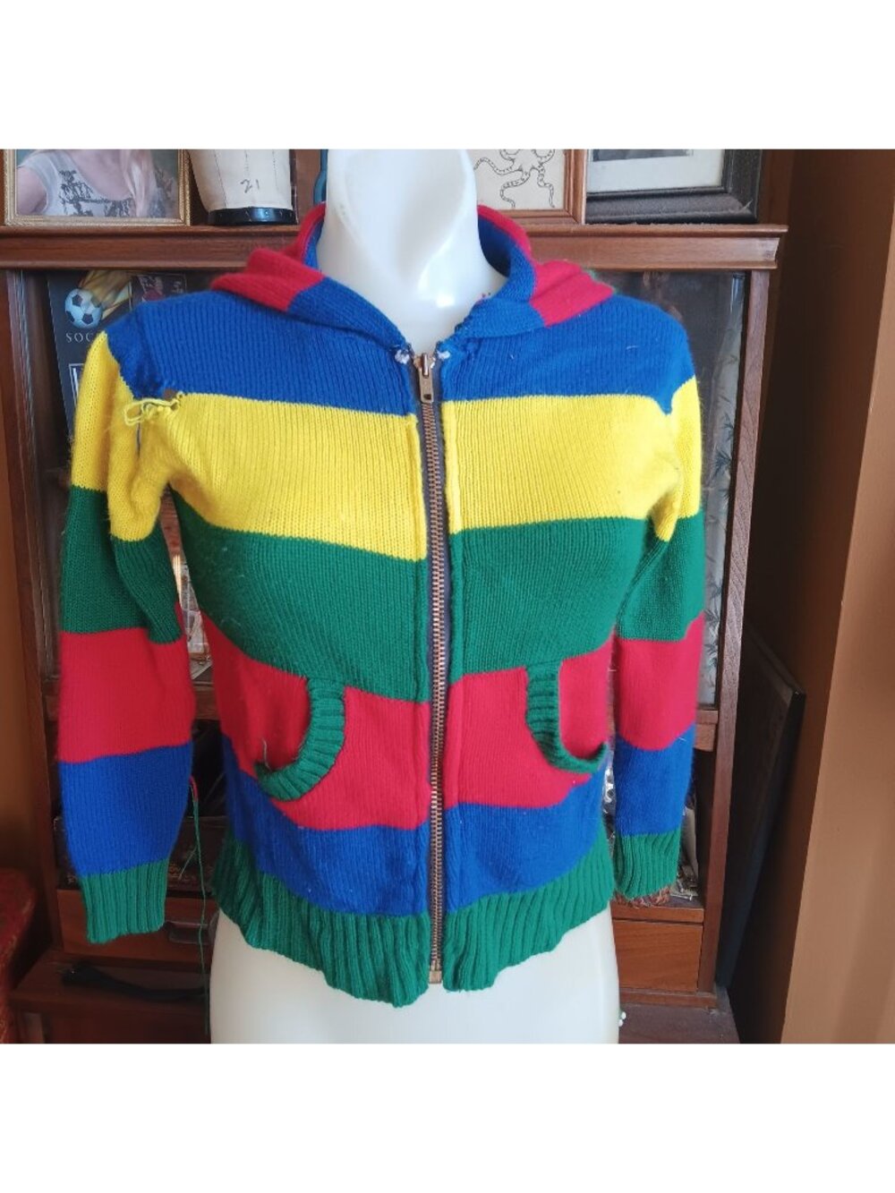 XS Vintage Hoodie Sweater Women's Rainbow Striped Knit Zip-Up Pockets 70's Hippy